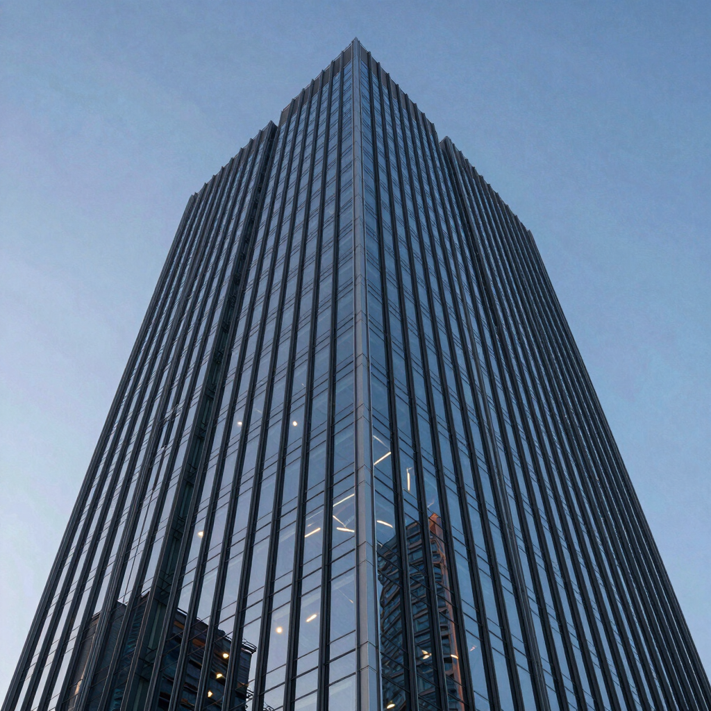 Low-angle architectural elevation of a modern glass skyscraper during blue hour, sharp reflections, crisp structural lines, cold sky lighting.