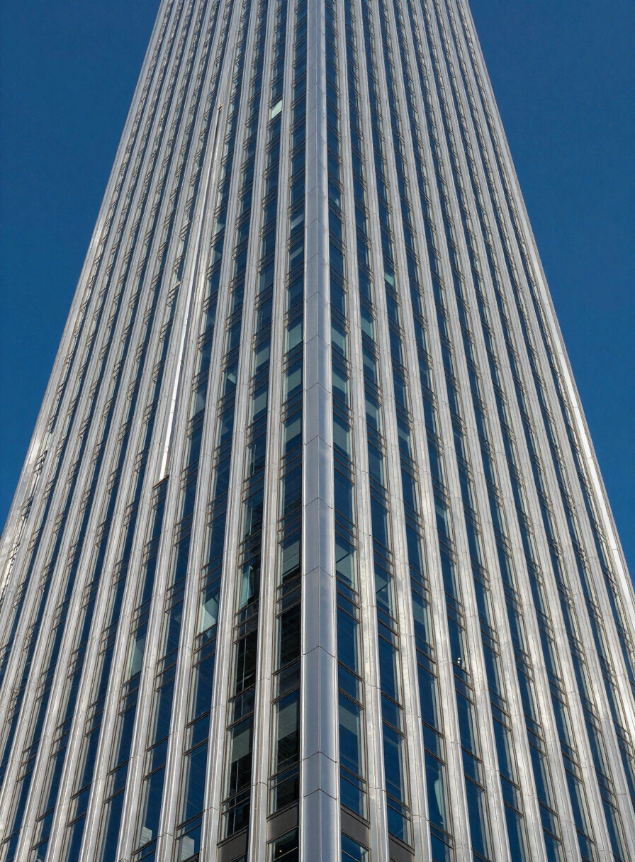 Extreme wide environmental shot looking straight up the side of a modern commercial skyscraper with glass and aluminum composite panels, sharp architectural daylight, deep blue sky reflections.
