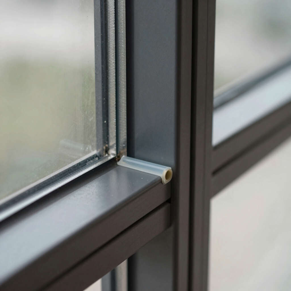 Extreme macro detail of a flawless, cured structural silicone sealant joint between glass and dark anodized aluminum, sharp architectural daylight, clean lines.