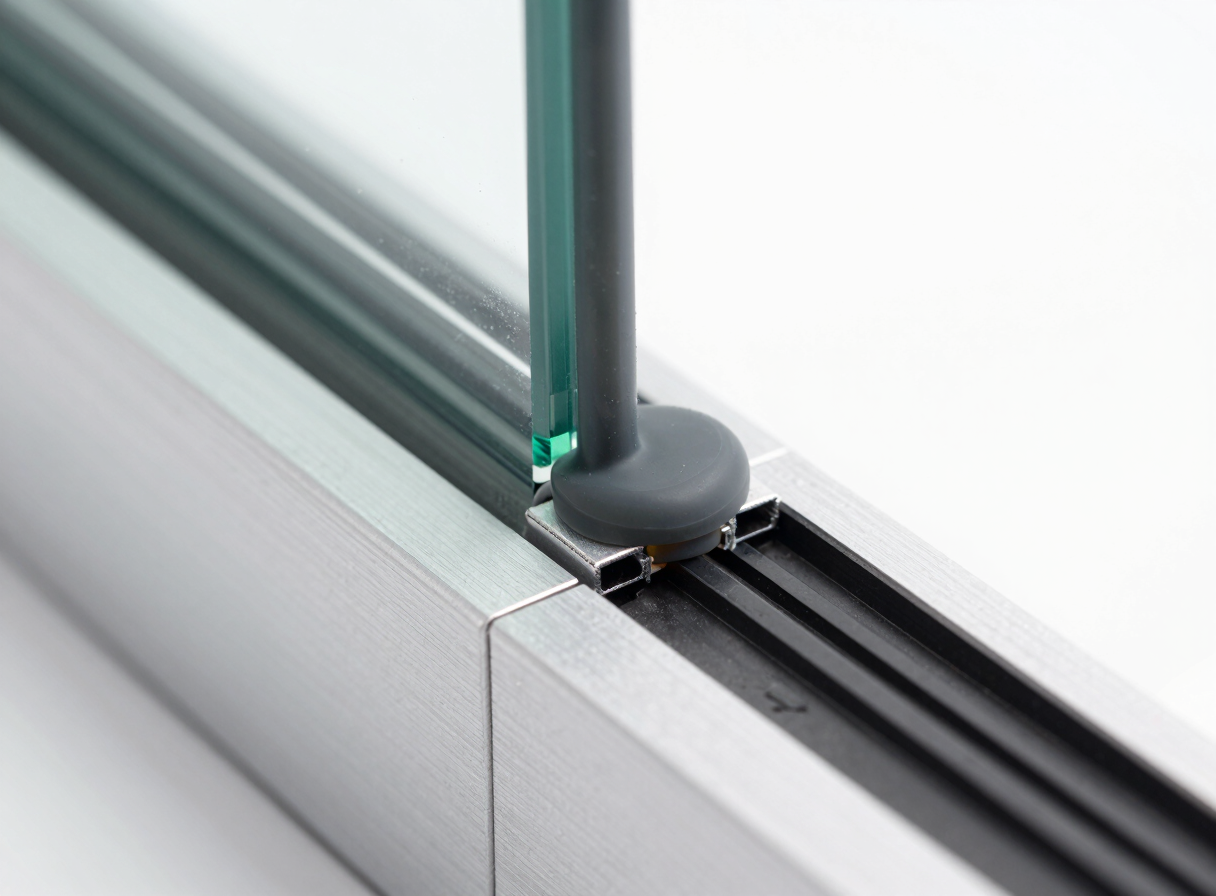 Macro close-up of a flawless, dark grey cured structural silicone bead bonding a double-glazed glass unit to an aluminum mullion, clean lines.