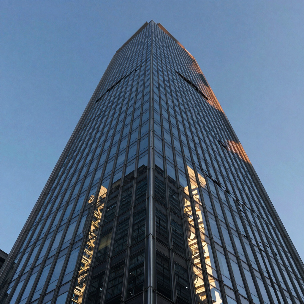 Low-angle architectural view looking up a towering glass skyscraper during the blue hour, sharp geometric reflections, high-contrast daylight casting deep shadows on the metal mullions.