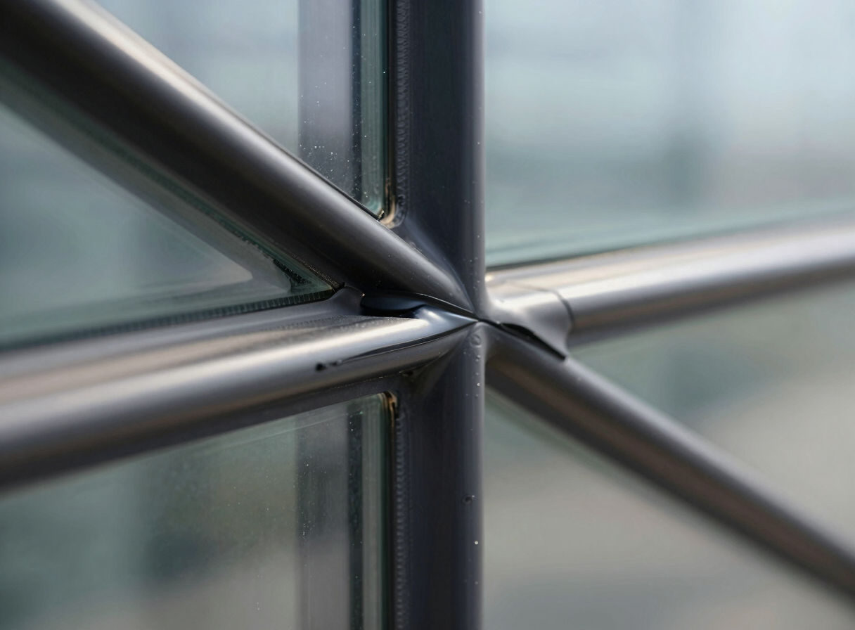 Extreme macro close-up of a flawless, cured black silicone sealant joint between glass panels on a commercial facade, sharp daylight highlighting the clean elastomeric edge