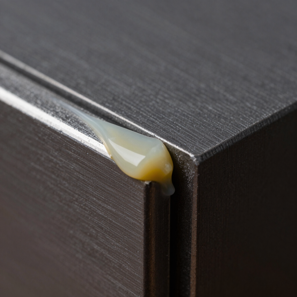 Extreme macro photograph of a clean, cured silicone sealant joint between two dark anodized aluminum composite panels, sharp focus on the flawless non-bleeding bead, high-contrast side lighting.