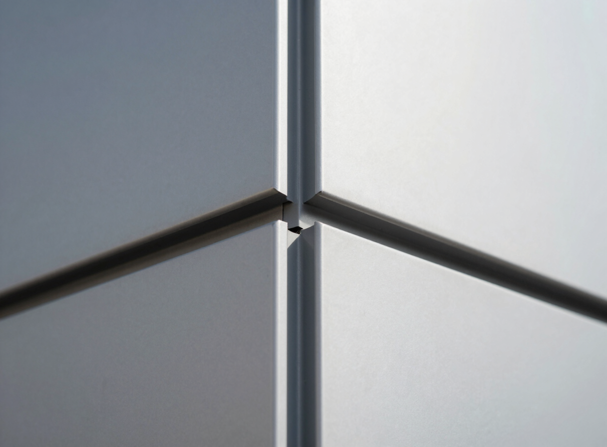 Extreme close-up of clean matte sealant joint between two aluminum composite panels on a modern exterior facade, sharp daylight highlighting the texture.