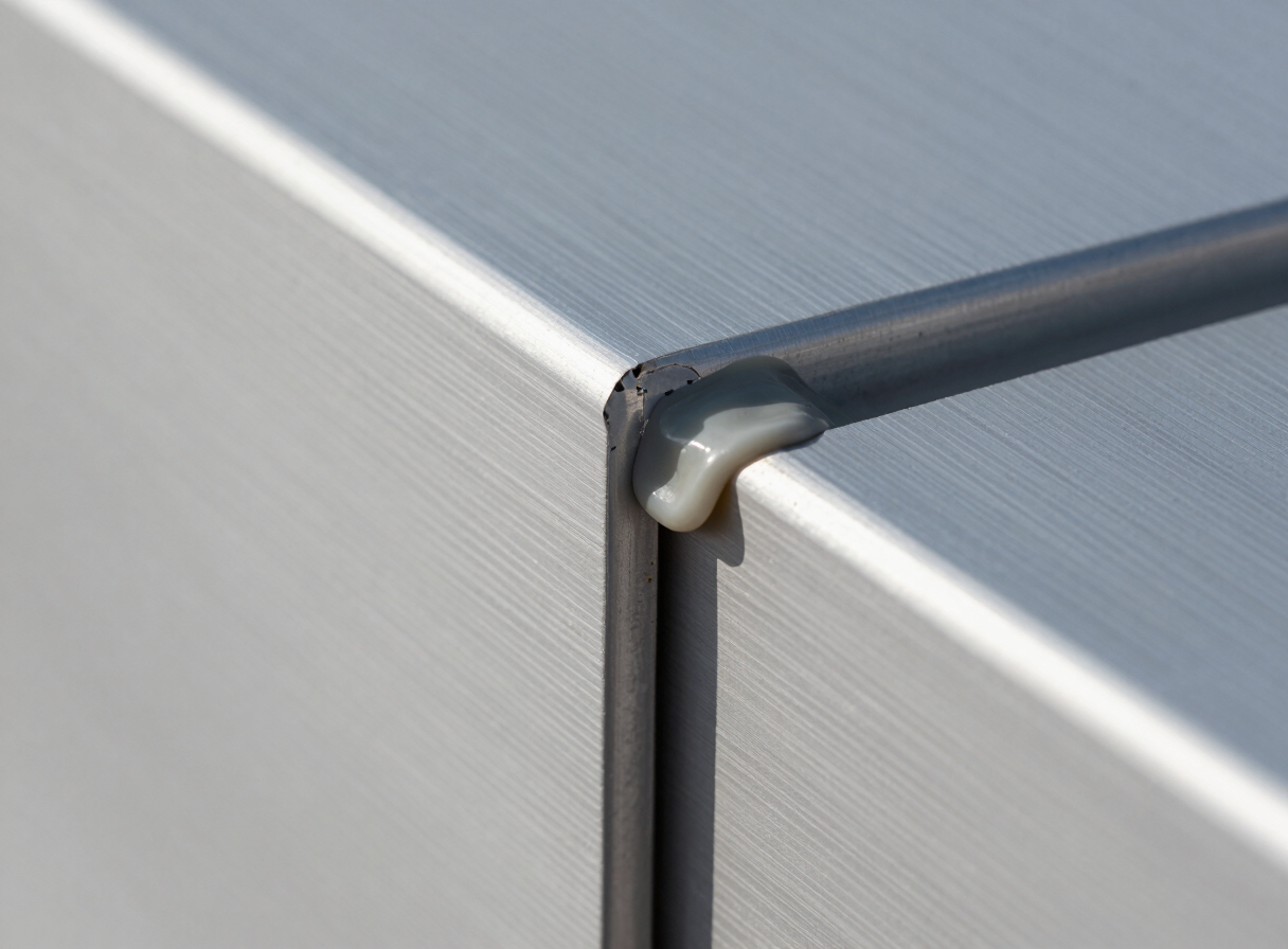 Macro photograph of a clean sealant joint on an aluminum composite panel cladding system, precise grey elastomeric bond, high-contrast architectural shadows