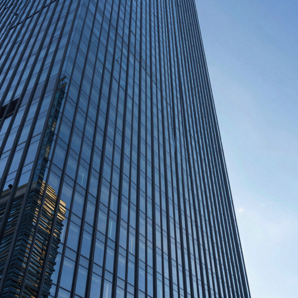 Extreme vertical wide shot looking up a glass curtain wall facade of a modern skyscraper, sharp blue hour sky reflections, high-contrast architectural daylight, generous negative space on the right.