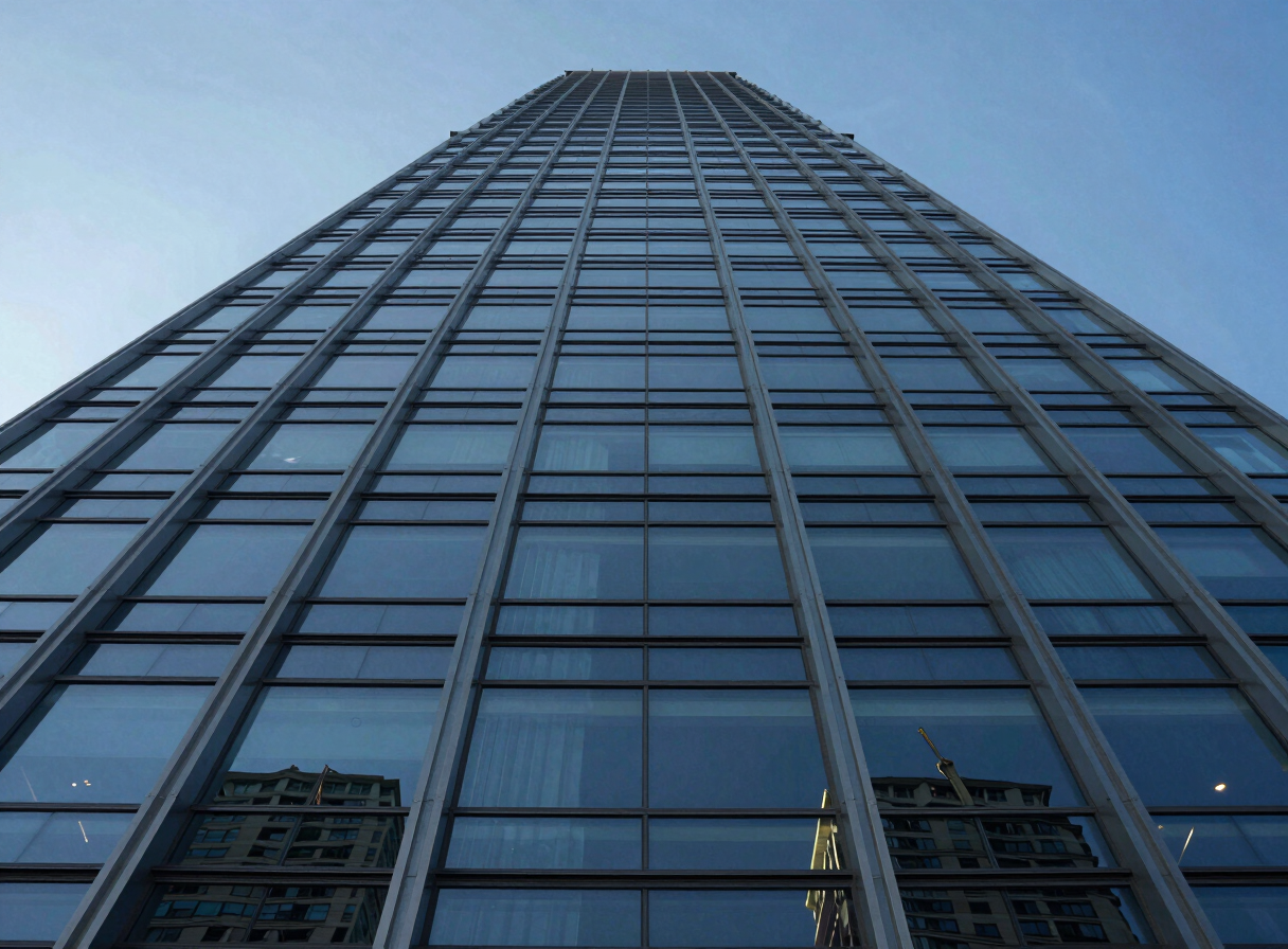 Extreme wide low-angle architectural shot looking straight up a towering glass skyscraper facade at blue hour, sharp steel-and-glass lines, cool sky reflections, dramatic perspective.